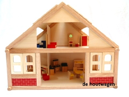 De Houtwagen | Groot Houten Poppenhuis met Meubeltjes | Home | € 69,95